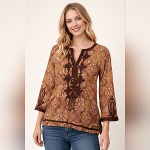 Life Style Boho Embroidered Tunic Brown & Gold India Made Size Large
